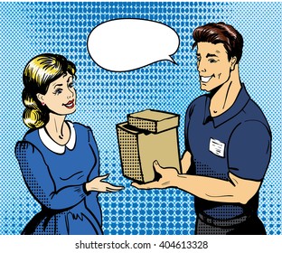 Pop art delivery concept vector illustration. Delivery man handing box to woman.