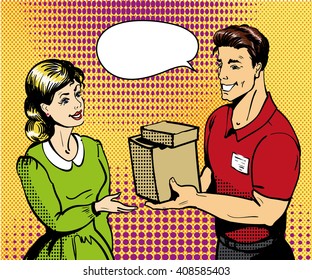 Pop art delivery concept vector illustration. Delivery man handing box to woman.