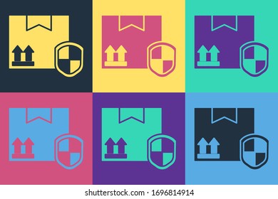 Pop art Entrega seguridad con icono de escudo aislado en fondo de color. Seguro de entrega. Caja de cartón asegurada más allá de la pantalla. Ilustración vectorial