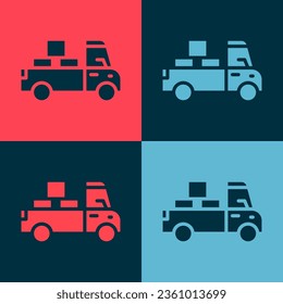 Pop art Delivery truck with cardboard boxes behind icon isolated on color background.  Vector