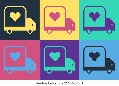 Pop art Delivery truck with heart icon isolated on color background. Love delivery truck. Love truck valentines day.  Vector