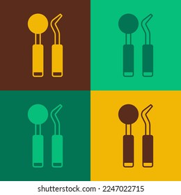 Pop art Dental inspection mirror and probe icon isolated on color background. Explorer scaler. Tool dental checkup.  Vector