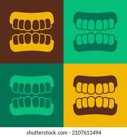 Pop art Dentures Model Symbol einzeln auf Farbhintergrund. Zähne des Oberkiefers. Zahnkonzept.  Vektorgrafik