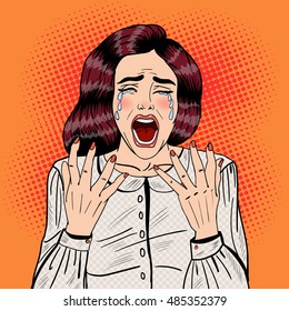 Pop Art Depressed Crying Woman Screaming. Vector Illustration