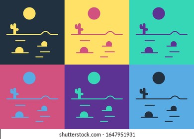 Pop art Desert landscape with cactus icon isolated on color background.  Vector Illustration