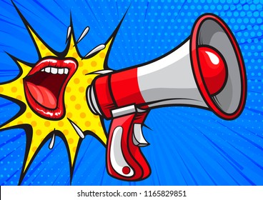 Pop art design of banner with red lips and colorful megaphones sharing with news on blue background