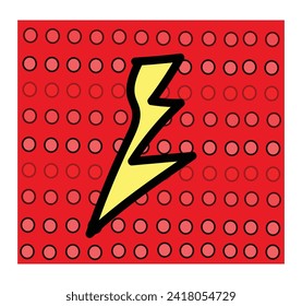 Pop Art Design Element Retro Lightning Strike. Bold Colors Red with Polka Dot Pattern on top and Pink Hand Drawn Vector Bolt Isolated from Background. Vintage Sky Elements. Neon Colors. Icon. Symbol.