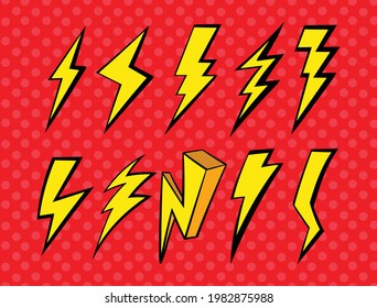 Pop Art Design Elements Retro Lightning Strike. Bold Colors Red with Polka Dot Pattern on top and White Hand Drawn Vector Bolts Set Isolated from Background. Vintage Sky Elements. Neon Colors.