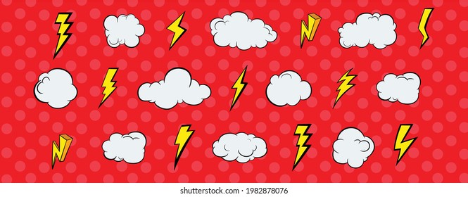 Pop Art Design Elements Retro Clouds and Lightning Seamless Pattern . Bold Colors Red with Polka Dot Pattern on top and White Hand Drawn Vector Clouds and Lightning Vintage Sky Elements. Neon Colors.
