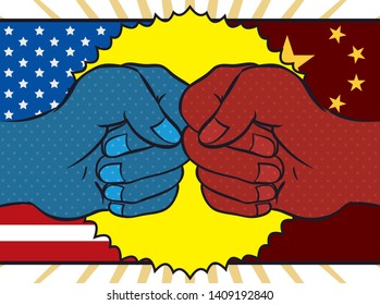 Pop art design with fists clashing over U.S.A. and China flags in the background representing the economic dispute between this powerful countries.