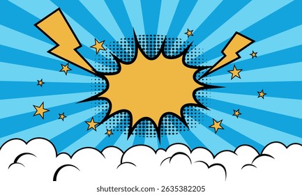 Pop art design with lightning bolts, stars, and comic-style explosion, perfect for retro, superhero, or creative projects. Vector style