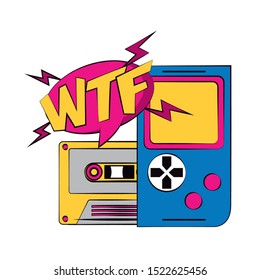 pop art design of retro cassette and portable videogame over white background, vector illustration