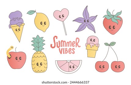 Pop art designed cute cartoon fruits, icecream, sea star with summer vibe. Y2k style vector characters.