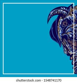 Pop art of a Devil with horns on a blue background with room for text.