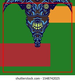 Pop art of a Devil on a medium green background with orange and red colored bars.