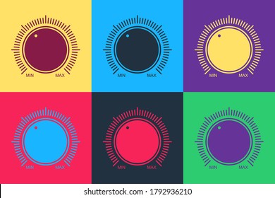 Pop art Dial knob level technology settings icon isolated on color background. Volume button, sound control, music knob with scale, analog regulator.  Vector