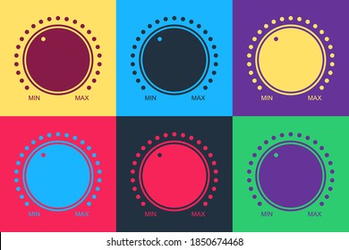 Pop Art Dial Knopf-Technologie Einstellungen Symbol einzeln auf Farbhintergrund. Lautstärketaste, Lautstärkeregelung, Musikknopf mit Skalierung, analoger Regler. Vektorgrafik.