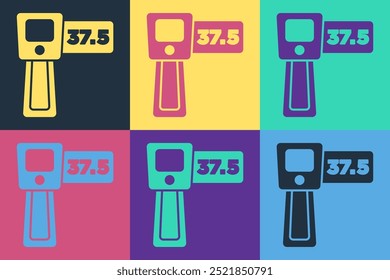 Termómetro digital sin contacto del arte Pop con el icono de la luz infrarroja aislado en fondo del color.  Vector