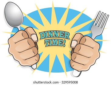 Pop Art Dinner Time Fists with Cutlery. Great illustration of pop Art comic book style fists holding cutlery in anticipation of a well earned dinner or breakfast.