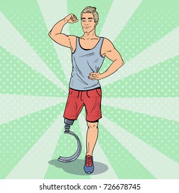 Pop Art Disabled Sportsman with Prosthesis. Handicapped Sport. Paralympic Athlete. Vector illustration