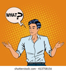 Pop Art Disappointed Man Throws Up His Hands. Shocked Guy. Vector illustration