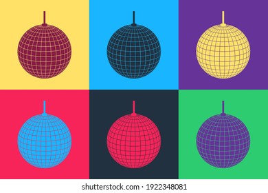 Pop art Disco ball icon isolated on color background. Vector.