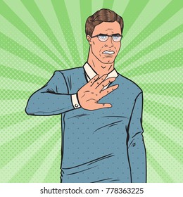 Pop Art Disgusted Man. Guy Showing Stop Hand Sign. Vector illustration