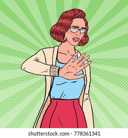 Pop Art Disgusted Young Pretty Woman Making Stop Hand Sign. Vector illustration