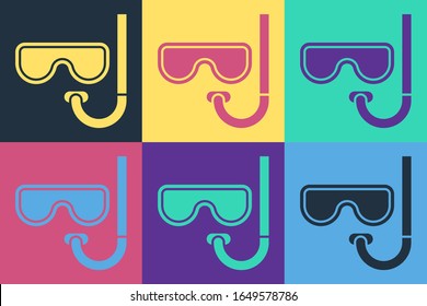 Pop art Diving mask and snorkel icon isolated on color background. Extreme sport. Diving underwater equipment.  Vector Illustration