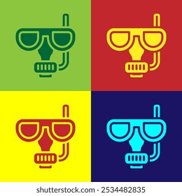 Pop art Diving mask and snorkel icon isolated on color background. Extreme sport. Diving underwater equipment.  Vector