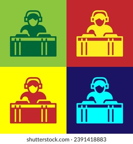 Pop art DJ wearing headphones in front of record decks icon isolated on color background. DJ playing music.  Vector