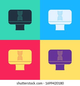 Pop art DNA spiral and computer monitor icon isolated on color background. Polygonal medical technology research mesh art.  Vector Illustration
