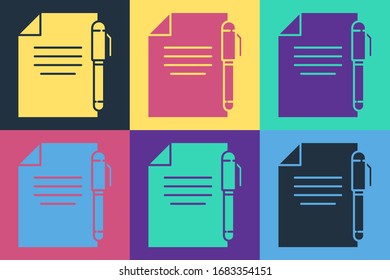 Dibujo de arte pop Documento e icono de lápiz aislados en fondo de color. Icono de archivo. Icono de lista de comprobación. Concepto de negocio. Ilustración vectorial