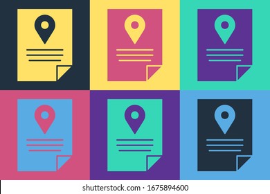Pop art Document tracking marker system icon isolated on color background. Parcel tracking.  Vector Illustration