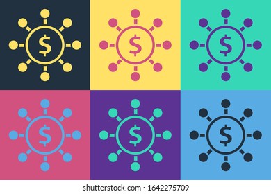Pop art Dollar, share, network icon isolated on color background.  Vector Illustration