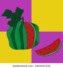 Pop Art with Doodle Watermelon on geometric abstract background. Simple Hand Drawn Watermelon vector can used t-shirt print, card, postcard, notebook cover print. Editable stroke. EPS 10