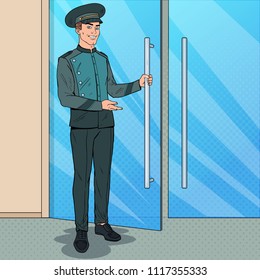 Pop Art Doorman Standing at Hotel Entrance. Doorkeeper in Uniform. Luxury Hotel Service. Vector illustration