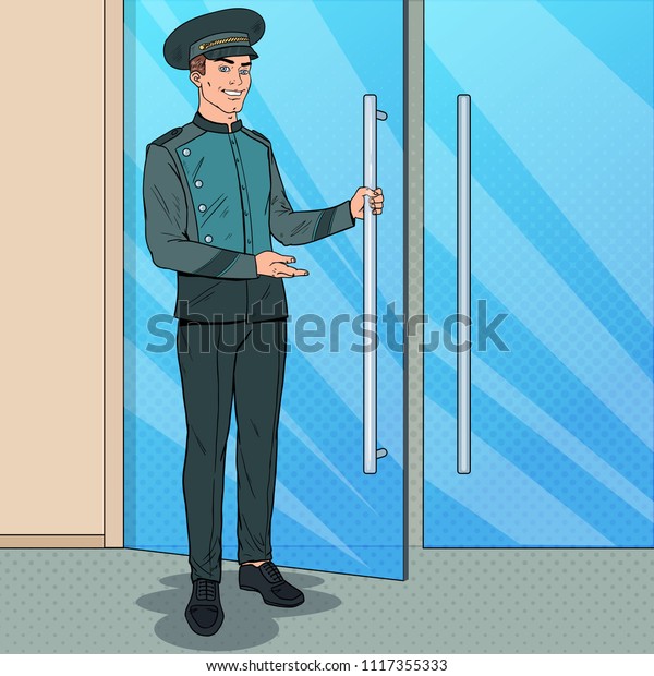 Pop Art Doorman Standing Hotel Entrance Stock Vector Royalty Free