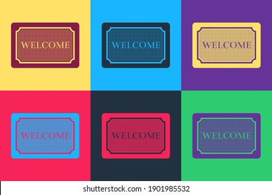 Pop art Doormat with the text Welcome icon isolated on color background. Welcome mat sign. Vector.