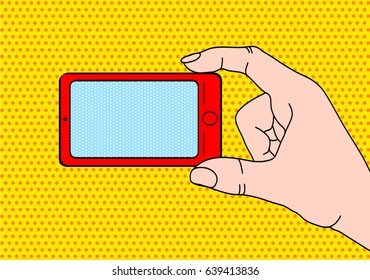 Pop art dot background with male hand with thumb up holding a smartphone with empty screen for your offer . Vector colorful hand drawn illustration in retro comic style.