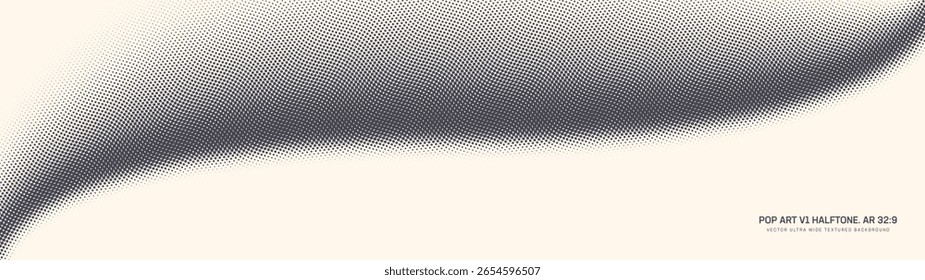 Pop art pontos padrão de meio-tom borda curva suave ultra largo 32:9 taxa de proporção retroestilo vetor abstrato fundo. Formato ondulado pontilhado textura de meio tom abstração gráfica formato panorâmico