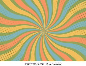 Pop art dotted comic style background with groovy twisted sunburst. Vector 70s colors illustration