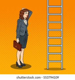 Pop Art Doubtful Business Woman Looking Up at Ladder. Vector illustration