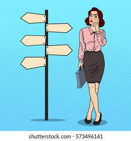 Pop Art Doubtful Business Woman on Crossroads Pointer Sign. Vector illustration