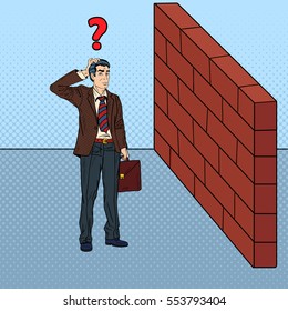 Pop Art Doubtful Businessman Standing in Front of a Brick Wall. Vector illustration
