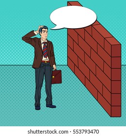 Pop Art Doubtful Businessman Standing in Front of a Brick Wall. Vector illustration