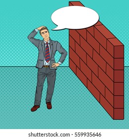 Pop Art Doubtful Businessman Standing in Front of a Brick Wall. Vector illustration