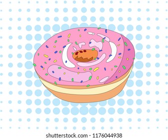Pop art doughnut with pink icing  on a light blue dotted background.