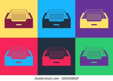 Pop art Drawer with documents icon isolated on color background. Archive papers drawer. File Cabinet Drawer. Office furniture. Vector.