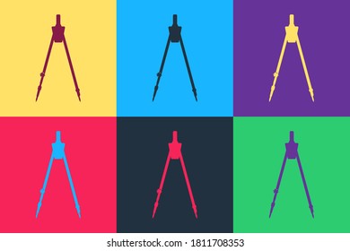 Pop art Drawing compass icon isolated on color background. Compasses sign. Drawing and educational tools. Geometric instrument. Education sign. Vector.